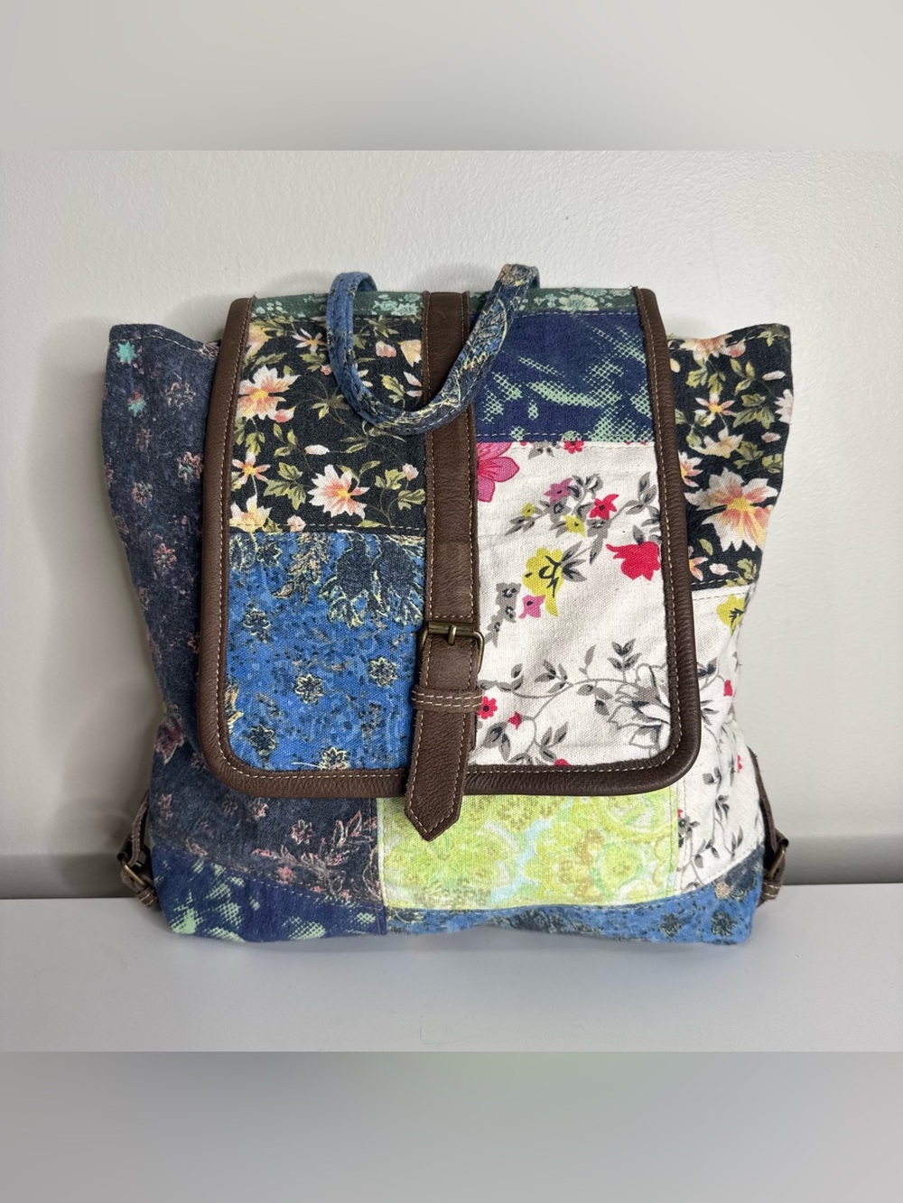 Myra Bag La Fleur Floral Patchwork Backpack in Blue & Green Floral Print Leather